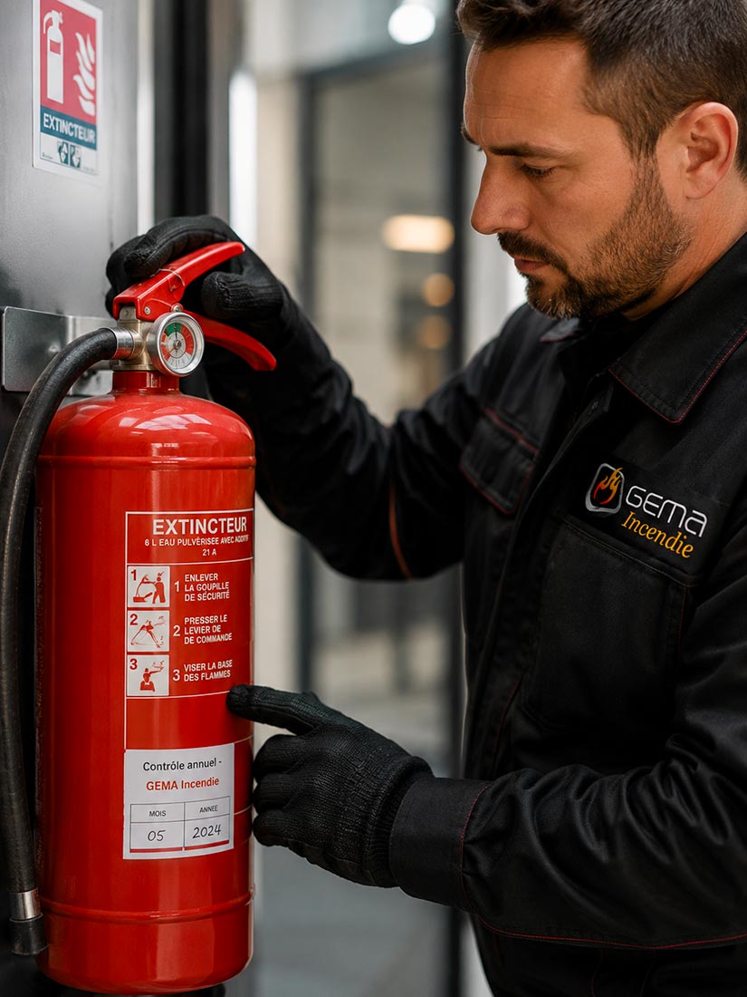 Vérification d'extincteur par un technicien qualifié GEMA Incendie